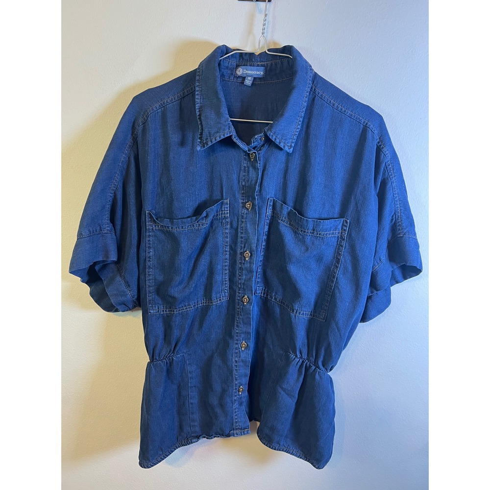 Democracy‎ Womens Shirt Short Sleeve Cinched Waist Blue M